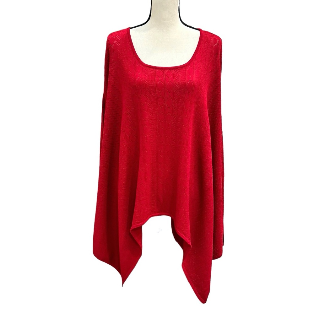 CATHERINE MALANDRINO RED POINTELLE KNIT SHARK BITE HEM SWING SWEATER